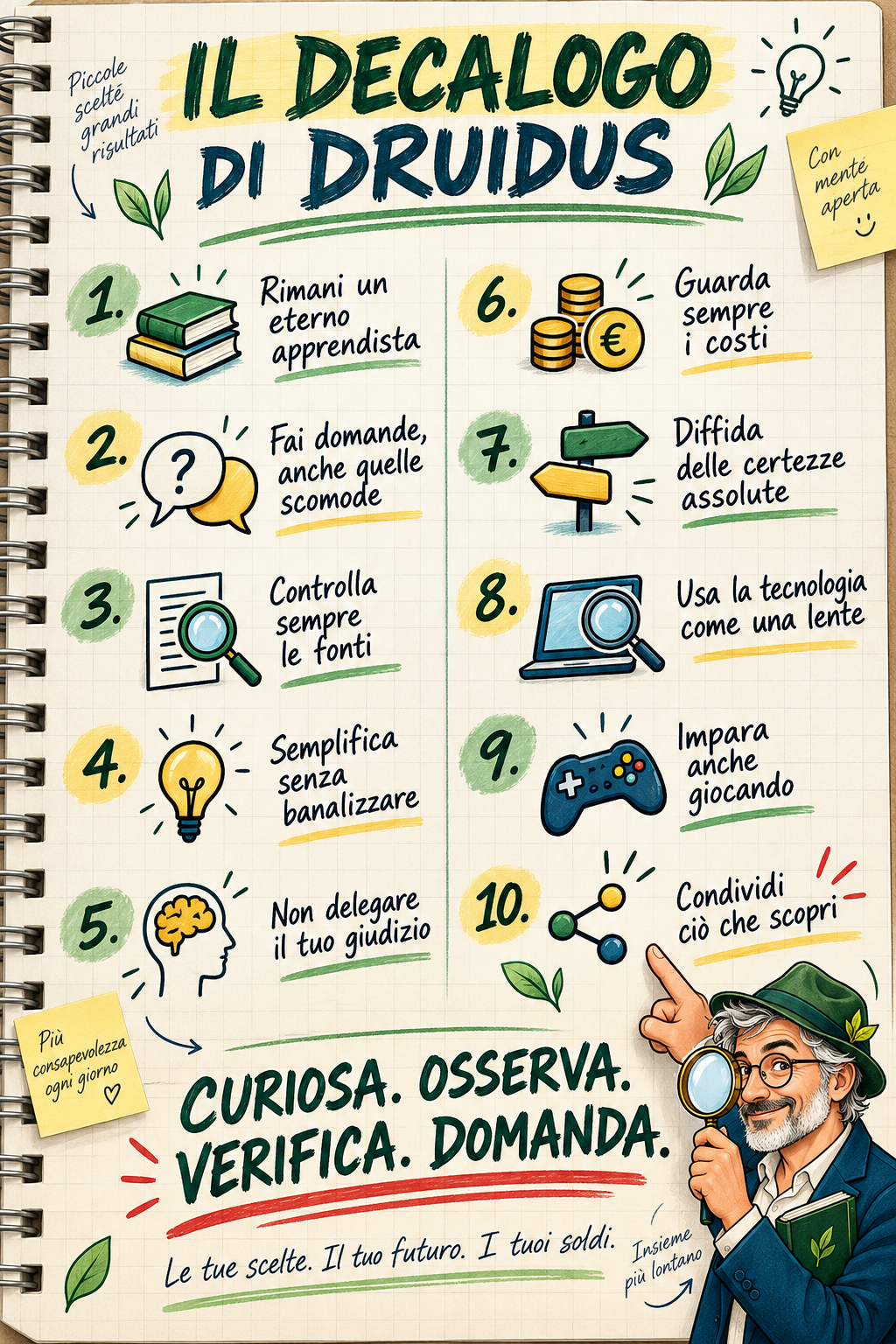 Il decalogo illustrato di Druidus con dieci regole per imparare, verificare le fonti e osservare i costi